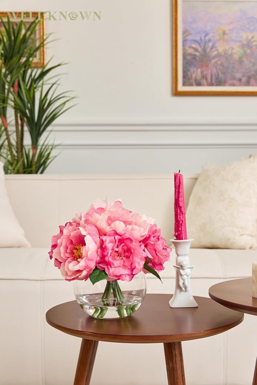 Spring Table Top Decor – Artificial Peonies in Vase, Silk Pink Flower Arrangement with Faux Water for Home, Wedding, Birthday & Party Centerpieces